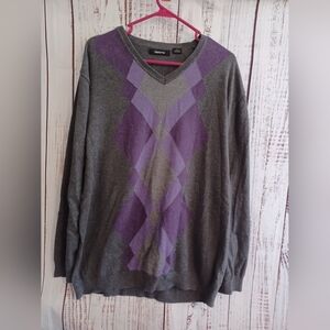 EUC Claiborne Vintage Purple & Gray Argyle V Neck Long Sleeve Sweater Size XL